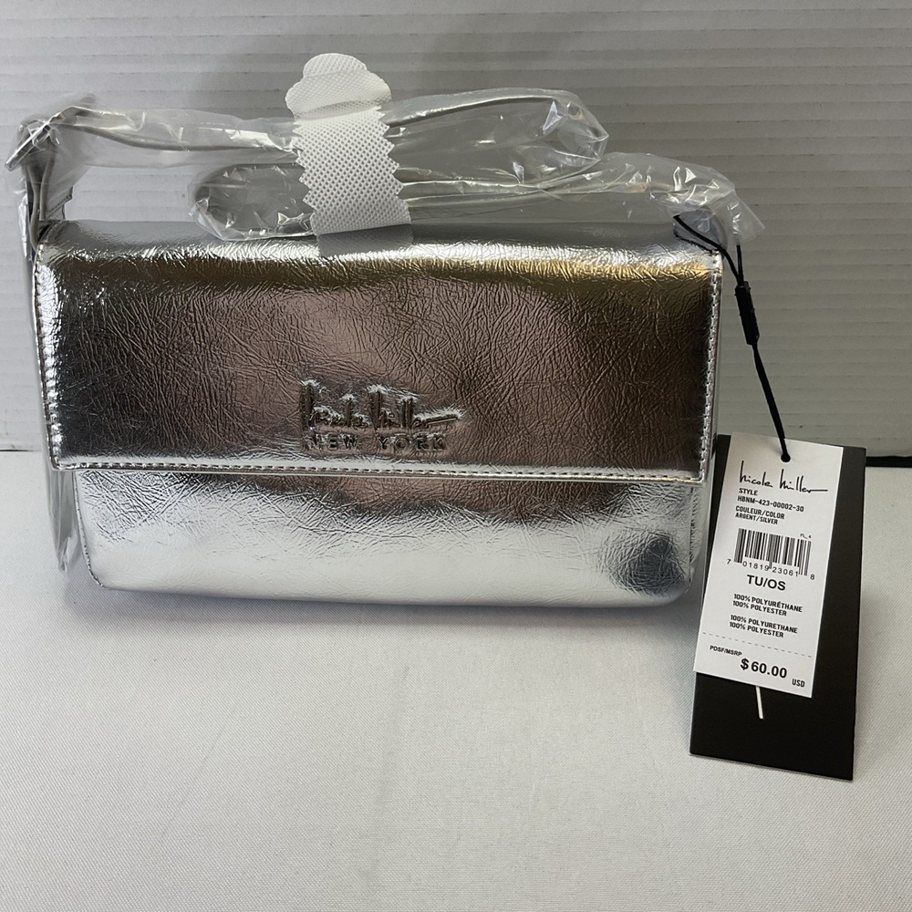 Nicole Miller Silver Vegan Leather Handbag Shoulder Bag‎ NWT $60